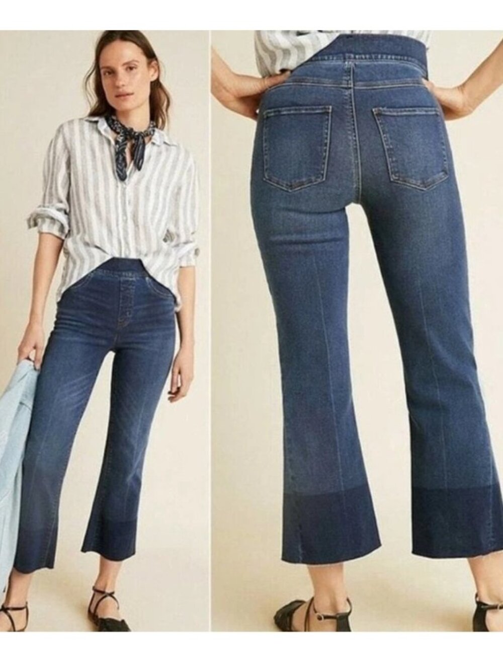 Spanx 20231R Cropped Flare Denim Jeans Size Medium Medium Wash Dip Dye Raw Hem